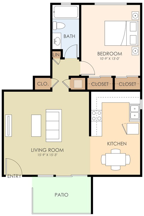 Floor plan for 1 bed, 1 bath, 647 sqft